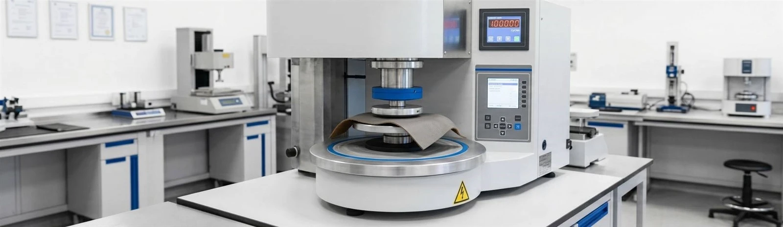 Martindale abrasion resistance testing on automotive microfiber leather fabric - 100000 cycles durability test at WINIW China factory laboratory Martindale abrasion resistance testing on automotive microfiber leather fabric - 100000 cycles durability test at WINIW China factory laboratory